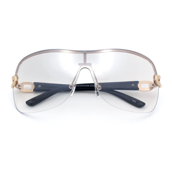SA106 Womens Oversize Shield Curved Wrap Around Fashion Sunglasses / Gold Frame - Grey Clear Lens