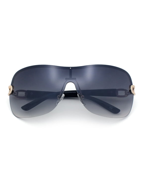 Womens Oversize Shield Curved Wrap Around Fashion Sunglasses / Gold Frame - Gradient Black Lens