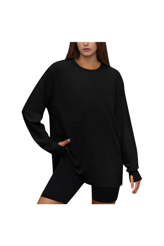 Womens Oversized Athletic T-Shirts, Long Sleeve Shirts for Women Fall Outdoor Loose Fit Solid Color Quick Dry Crewneck Tees Plus Size Workout Tops with Thumb Holes S-3XL