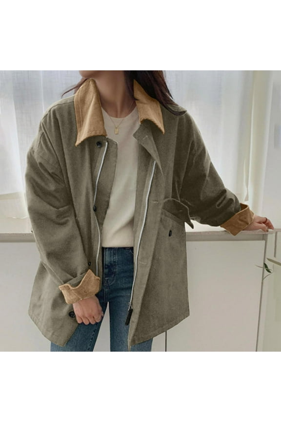 Womens Oversized Barn Jacket Button Down Canvas Jacket Corduroy Lapel Collar (Green M)