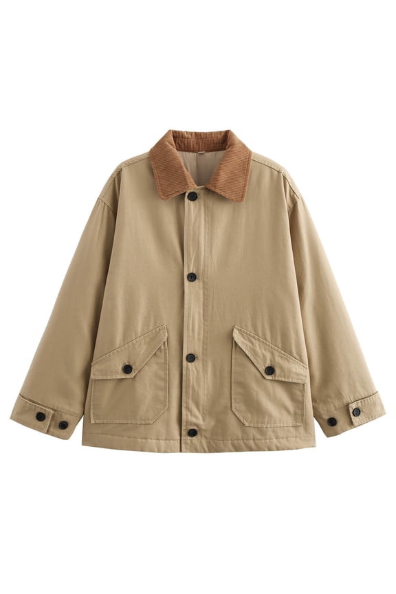 Womens Oversized Barn Jacket Zip Up Military Safari Jackets Vintage Coat (Khaki M)