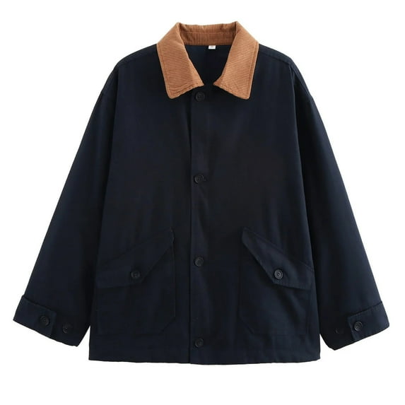 Womens Oversized Barn Jacket Zip Up Military Safari Jackets Vintage Coat (Navy L)