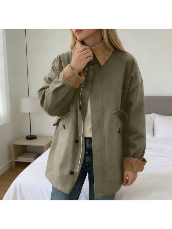 Womens Oversized Barn Jackets Vintage Corduroy Collar Coats wirh Pockets Fall Winter Daily Layering Outwears (Green L)