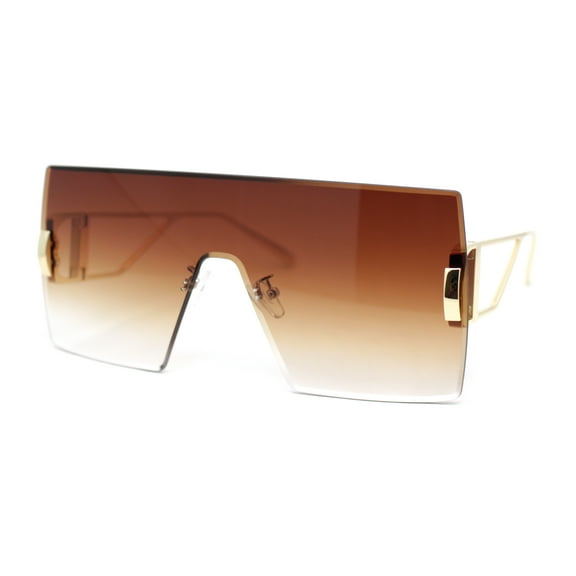 Womens Oversized Beveled Rimless Rectangle Mono Lens Sunglasses Gold - Brown