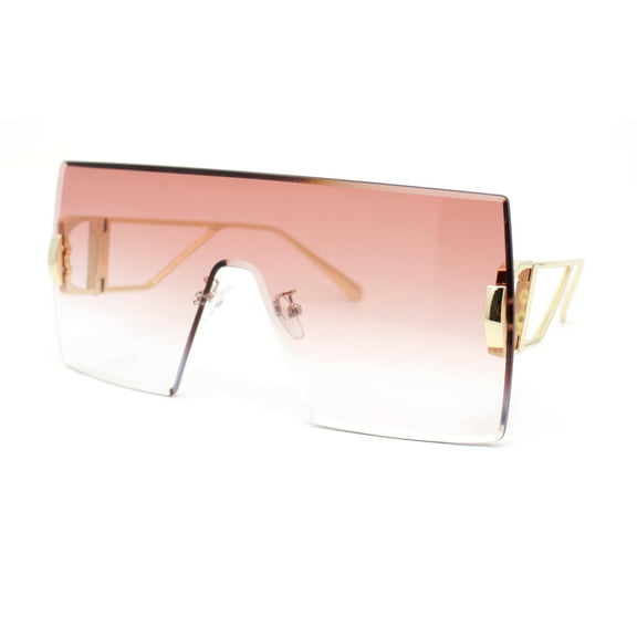 Womens Oversized Beveled Rimless Rectangle Mono Lens Sunglasses Gold Rose Pink