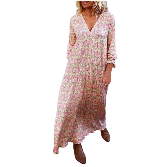 Womens Oversized Boho Long Dress V Neck Full Sleeve Graphic Printed Bohemian Beach Coverups Maxi Dress Sundress (Large, Pink)