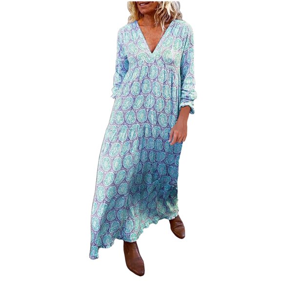 Womens Oversized Boho Long Dress V Neck Full Sleeve Graphic Printed Bohemian Beach Coverups Maxi Dress Sundress (Small, Blue)