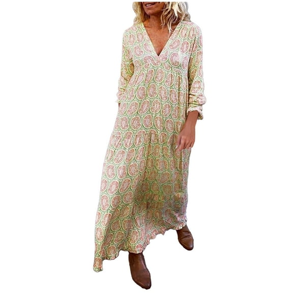 Womens Oversized Boho Long Dress V Neck Full Sleeve Graphic Printed Bohemian Beach Coverups Maxi Dress Sundress (XX-Large, Yellow)