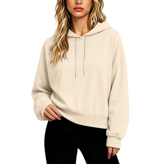 Womens Oversized Boxy Cropped Hoodie Drop Shoulder Top with Contrast Metal Tip Drawstring Balloon Cuffs & Pocket Free Design, Casual Lounge Pullover