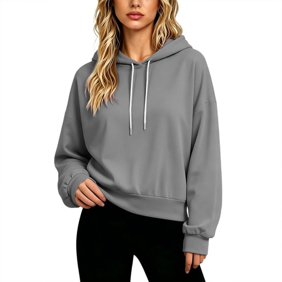 Womens Oversized Boxy Cropped Hoodie Drop Shoulder Top with Contrast Metal Tip Drawstring Balloon Cuffs & Pocket Free Design, Casual Lounge Pullover
