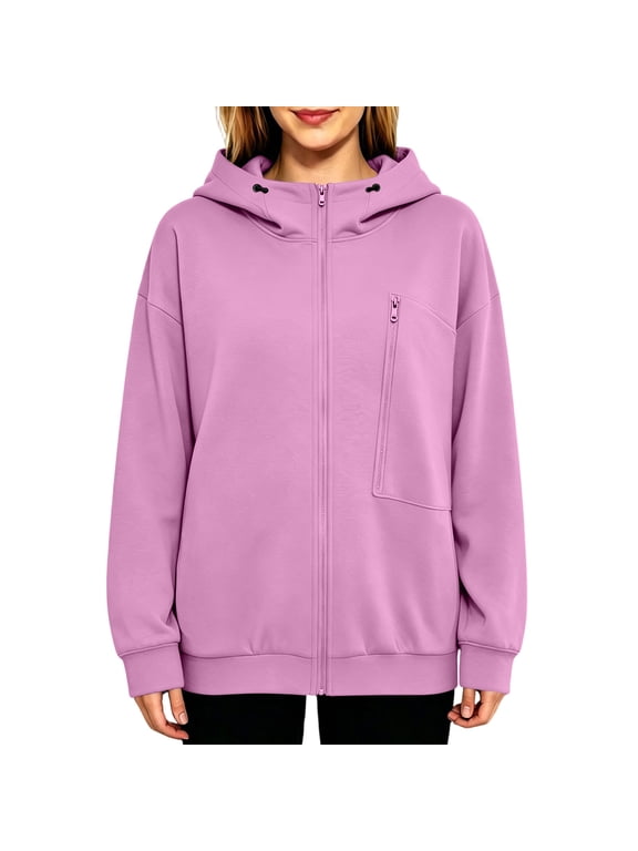 Womens Oversized Boxy Full Zip Zip Up Hoodie, Drop Shoulder Jacket with Toggle Drawstring Hood, Diagonal Zip Patch Pocket & Side Hand Pockets
