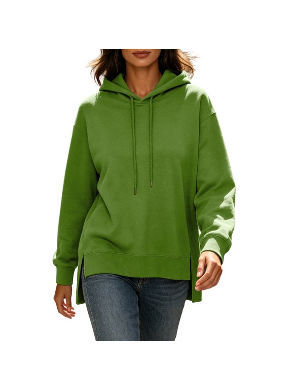 Womens Oversized Boxy No Pocket Hoodie Drop Shoulder Side Split Long Sleeve Sweatshirt Hip Length Casual Lounge Top