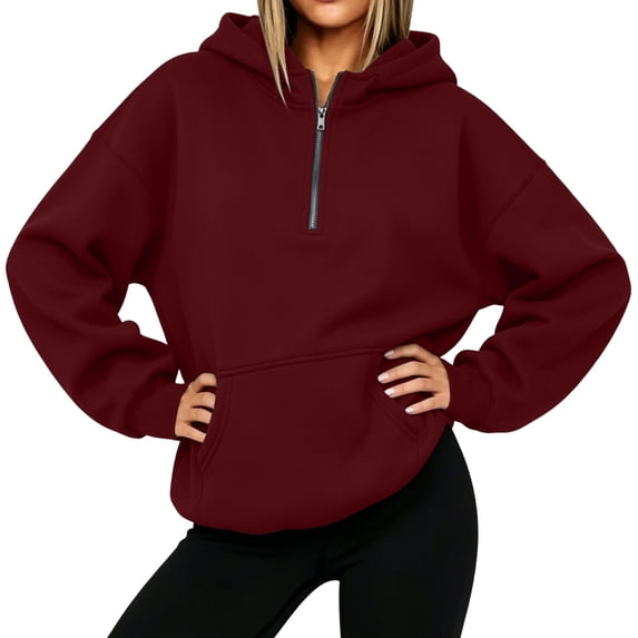 Womens Oversized Boxy Pullover Drop Shoulder Half Zip Hoodie with Kangaroo Pocket Cropped Hip Length Solid Casual Lounge Top