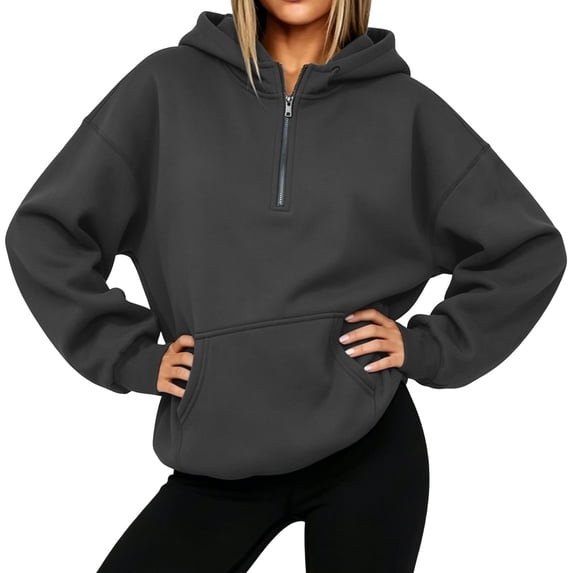 Womens Oversized Boxy Pullover Drop Shoulder Half Zip Hoodie with Kangaroo Pocket Cropped Hip Length Solid Casual Lounge Top
