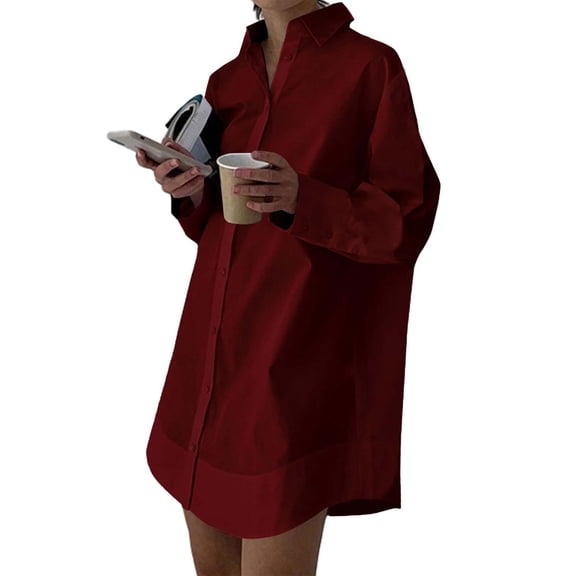 Womens Oversized Boyfriend Button Down Shirts V Neck Collared Long Sleeve Blouses Loose Casual Mid Length Tops