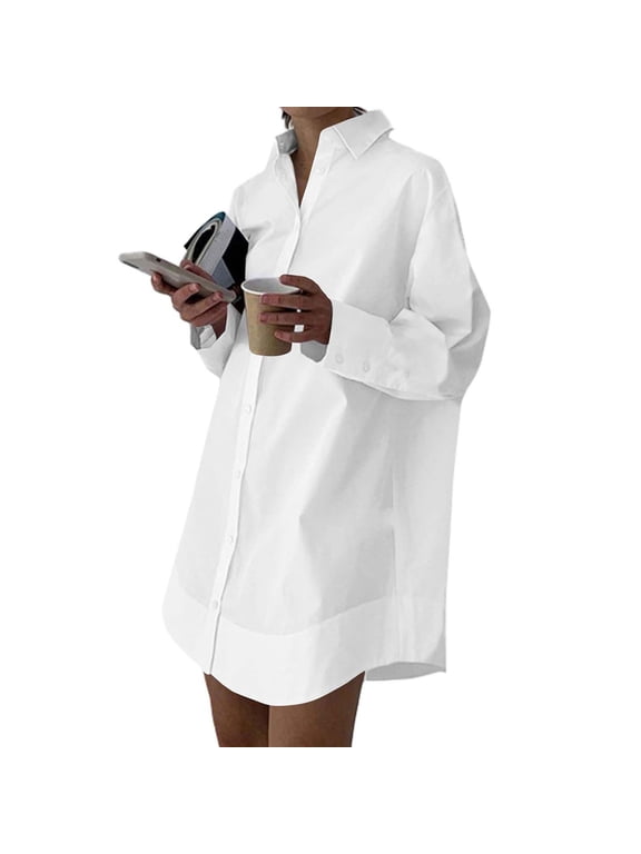 Womens Oversized Boyfriend Button Down Shirts V Neck Collared Long Sleeve Blouses Loose Casual Mid Length Tops