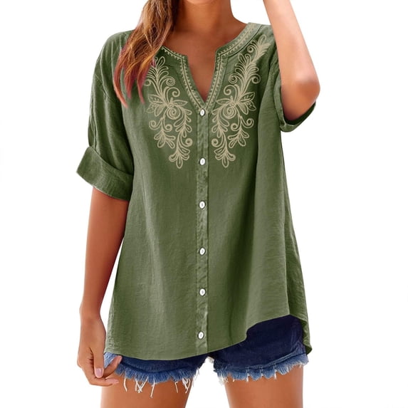 Womens Oversized Button Down Embroidered Shirts Summer Short Sleeve V Neck Boho Tops Looae Fit Floral Graphic Tunic Blouses