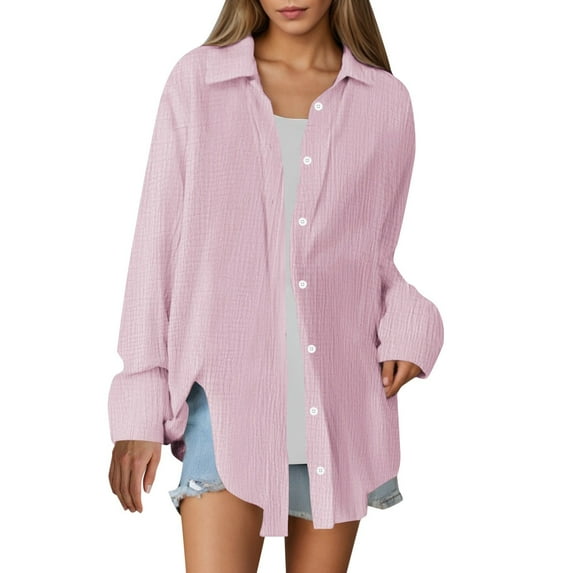 Womens Oversized Button Down Shirts Long Sleeve Collared Dress Solid Textured Print Blouses Lightweight Casual Loose Fit Tops