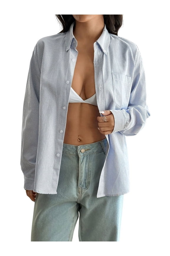 Womens Oversized Button Down Shirts Smocked Cuffed Ruffle Sleeve Collared Work Casual Top with Pockets Blue L