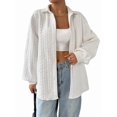 thumbnail image 1 of Womens Oversized Button Down Shirts Textured Collared Long Sleeve Shacket Casual Fall Blouses Tops White S, 1 of 7