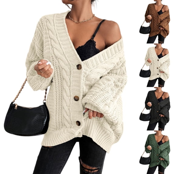 Womens Oversized Cable Knit Cardigan Sweater Button Front V Neck Long Sleeve Soft Warm Casual Outerwear for Fall Winter Daily Wear Ladies Top, S
