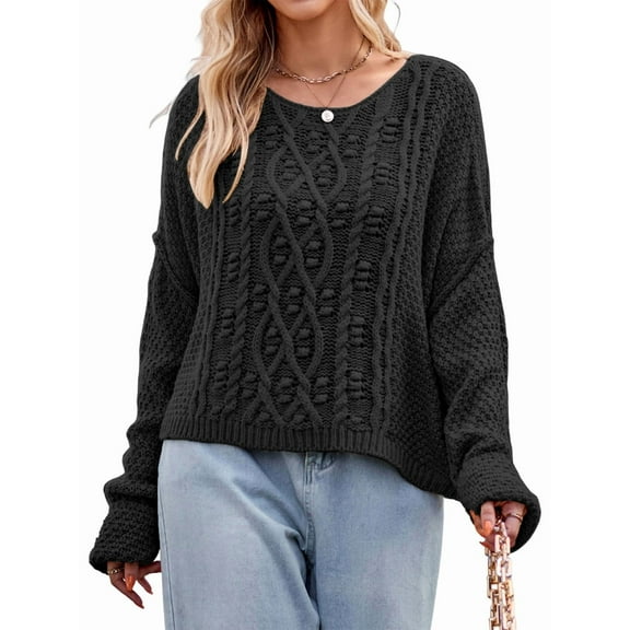 Womens Oversized Cable Knit Crew Neck Long Sleeve Fall Chunky Pullover Casual Loose Fit Sweater Tops Black L
