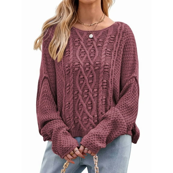 Womens Oversized Cable Knit Crew Neck Long Sleeve Fall Chunky Pullover Casual Loose Fit Sweater Tops Red M