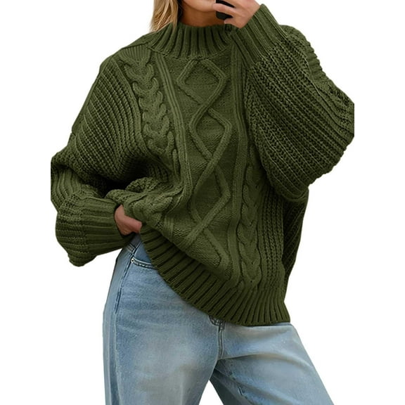 Womens Oversized Cable Knit Sweaters 2025 Fall Winter Trendy Button Up Turtleneck Chunky Pullover Sweater Tops