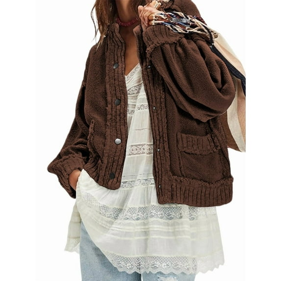 Womens Oversized Cardigan Long Sleeve Button Down Chunky Knit Loose Fall Sweater Coats Coffee Color XL