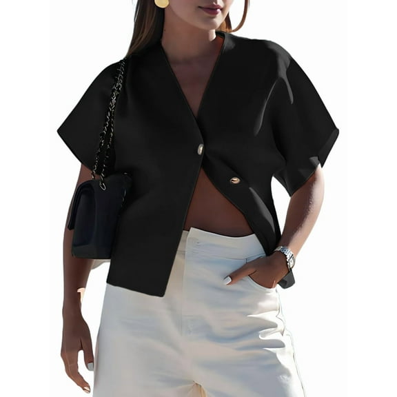 Womens Oversized Cardigan Short Sleeve - Button V Neck Casual Knit Sweater Outerwear