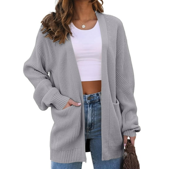 Womens Oversized Cardigan Soft Knit Cardigan Sweater with Pockets Grey L