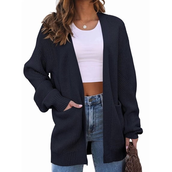 Womens Oversized Cardigan Soft Knit Cardigan Sweater with Pockets Navy Blue L