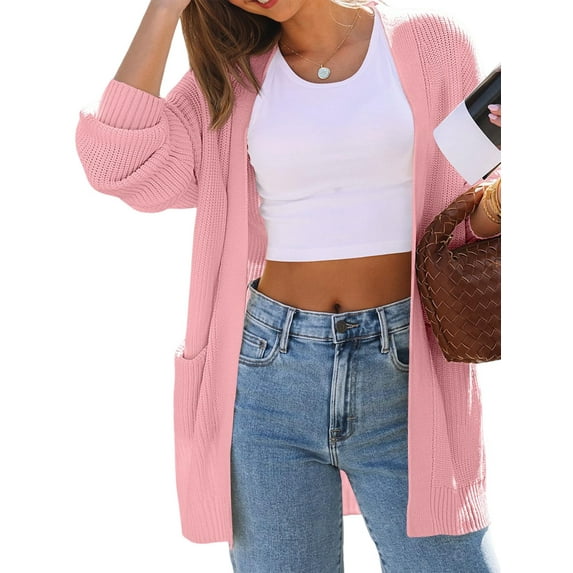Womens Oversized Cardigan Soft Knit Cardigan Sweater with Pockets Pink M