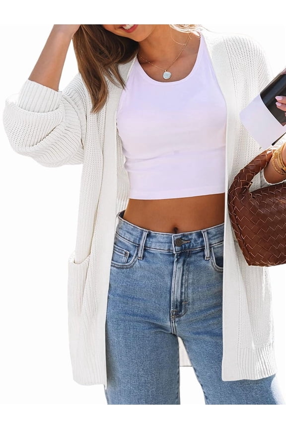 Womens Oversized Cardigan Soft Knit Cardigan Sweater with Pockets White S
