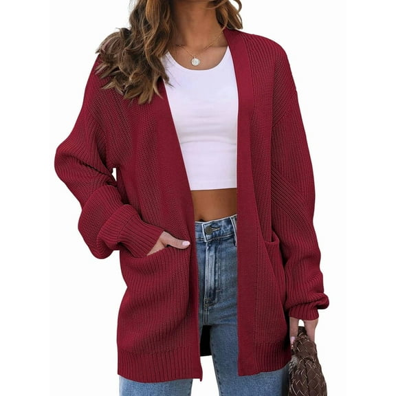 Womens Oversized Cardigan Soft Knit Cardigan Sweater with Pockets Wine Red XXL