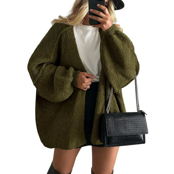 Womens Oversized Cardigan Sweaters 2025 Fall Long Lantern Sleeve Knit Open Front Light-Weight Sweater Green L