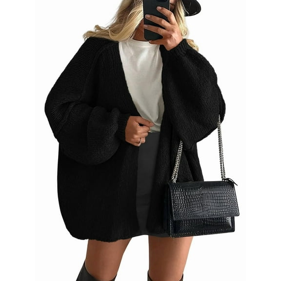 Womens Oversized Cardigan Sweaters Fall Long Lantern Sleeve Knit Open Front Light-Weight Sweater Black S