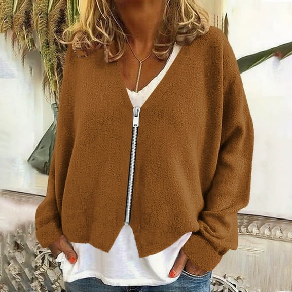 Womens Oversized Cardigan Sweaters Long Sleeve V Neck Open Front Fall Jackets Casual Full Zip up Outerwear New Fashion Jackets for Women Brown L