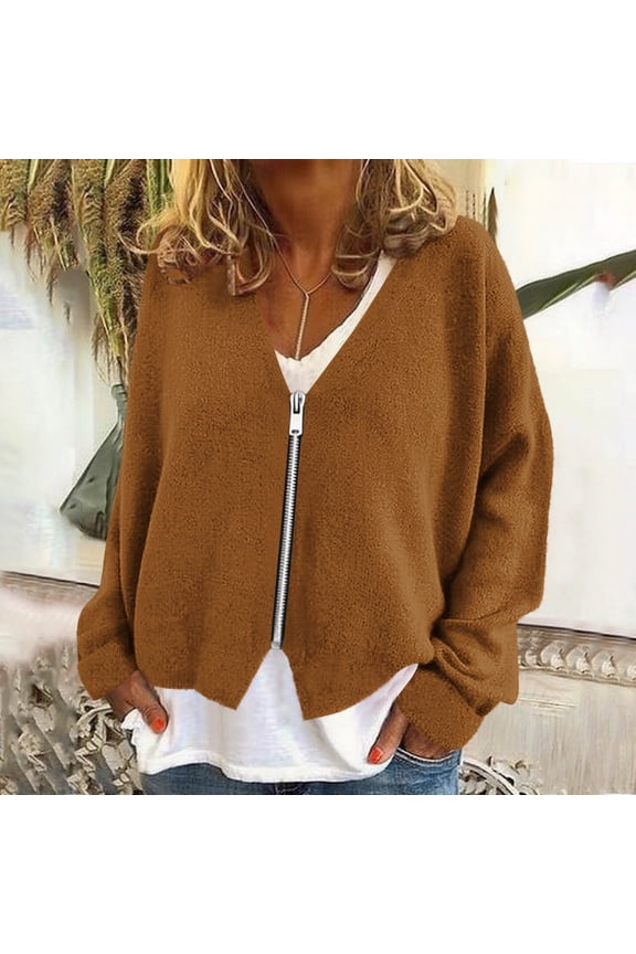 Womens Oversized Cardigan Sweaters Long Sleeve V Neck Open Front Fall Jackets Casual Full Zip up Outerwear New Fashion Jackets for Women Brown L