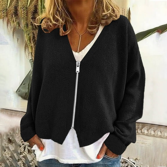 Womens Oversized Cardigan Sweaters Long Sleeve V Neck Open Front Fall Jackets Casual Full Zip up Outerwear New Windbreaker Jacket Women Fall Black M