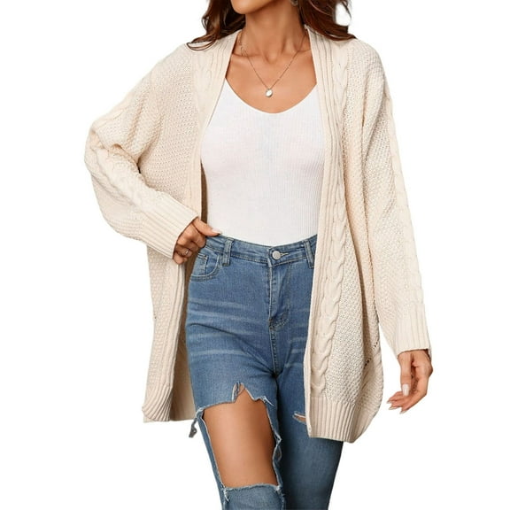 Womens Oversized Cardigan Sweaters Open Front Cable Knit Lantern Long Sleeve Chunky Outwear Coats Apricot M