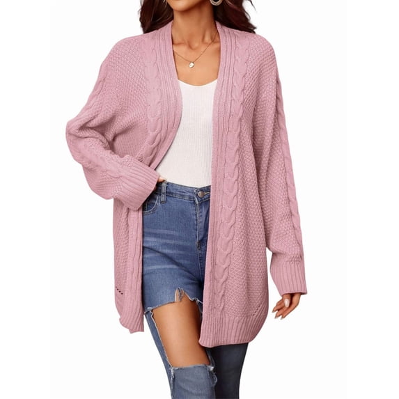 Womens Oversized Cardigan Sweaters Open Front Cable Knit Lantern Long Sleeve Chunky Outwear Coats Pink M