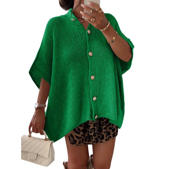 Women Oversized Cardigan Sweaters Short Sleeve Button Down Casual Lightweight Loose Knit Cardigans