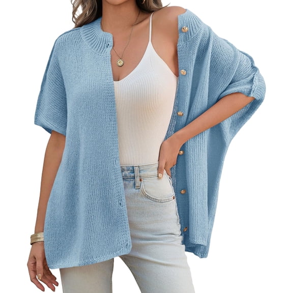 Women Oversized Cardigan Sweaters Short Sleeve Button Down Casual Lightweight Loose Knit Cardigans