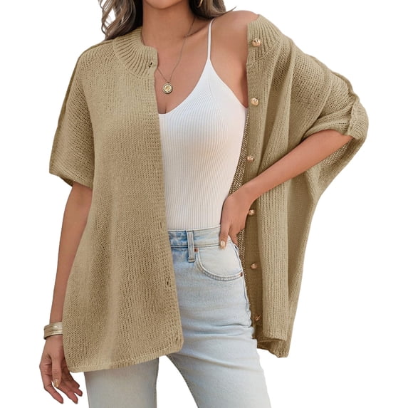 Women Oversized Cardigan Sweaters Short Sleeve Button Down Casual Lightweight Loose Knit Cardigans