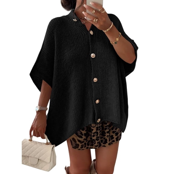 Women Oversized Cardigan Sweaters Short Sleeve Button Down Casual Lightweight Loose Knit Cardigans