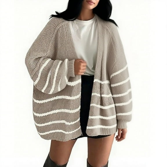 Womens Oversized Cardigan Sweaters stripe Fall Long Lantern Sleeve Knit Open Front Lightweight Sweater (L, Khaki)