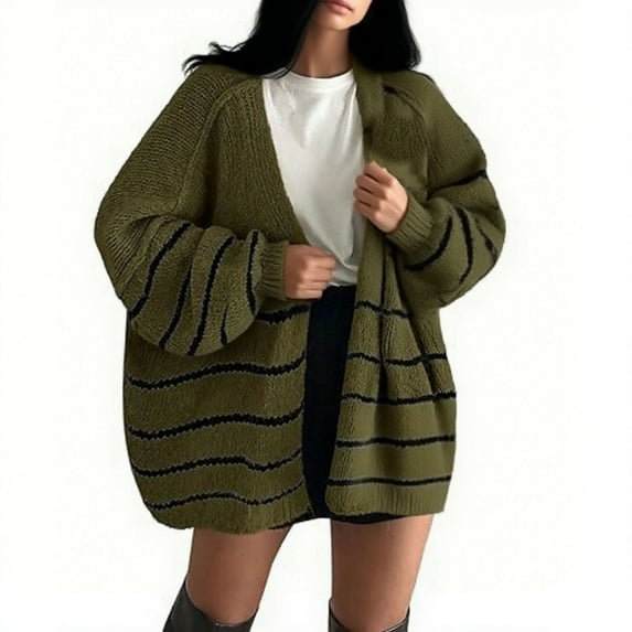 Womens Oversized Cardigan Sweaters stripe Fall Long Lantern Sleeve Knit Open Front Lightweight Sweater (S, Army Green)