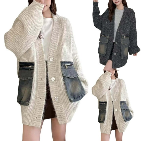 Womens Oversized Cardigans Denim Blend Open Front Cardigan Sweater Soft Knit Cardigan Sweater with Pockets Loose Fit Casual Knit Outerwear Coat (Grey, One Size)