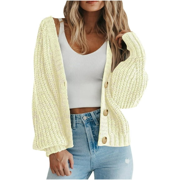 Womens Oversized Cardigans Soft Knit Cardigan Sweater with Pockets Ndbuld Casual Women Casual Solid Long Sleeve Button Sweater Ladies Outwear White L